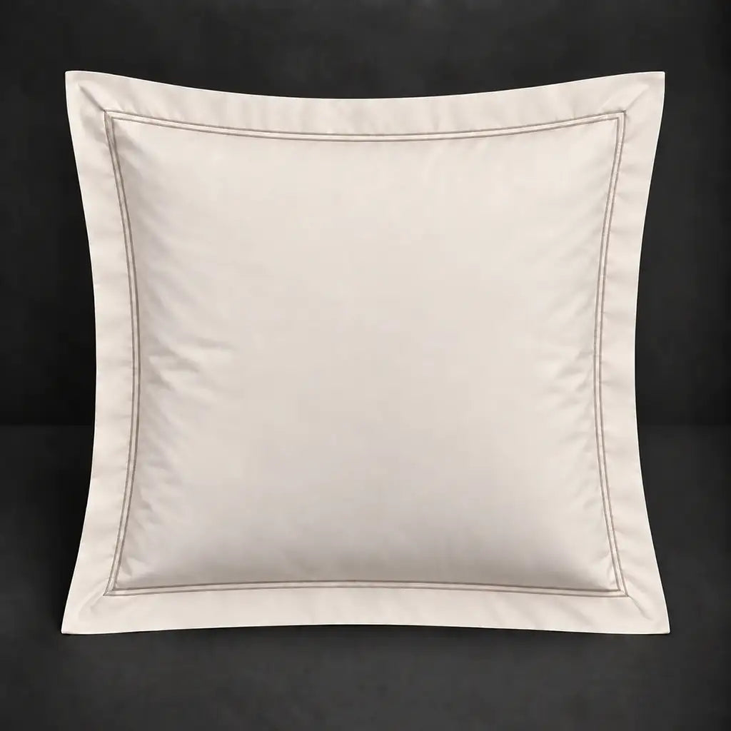 Cream Oxford 200TC polycotton percale continental pillowcase with two row stone satin stitch border by Linen and Co