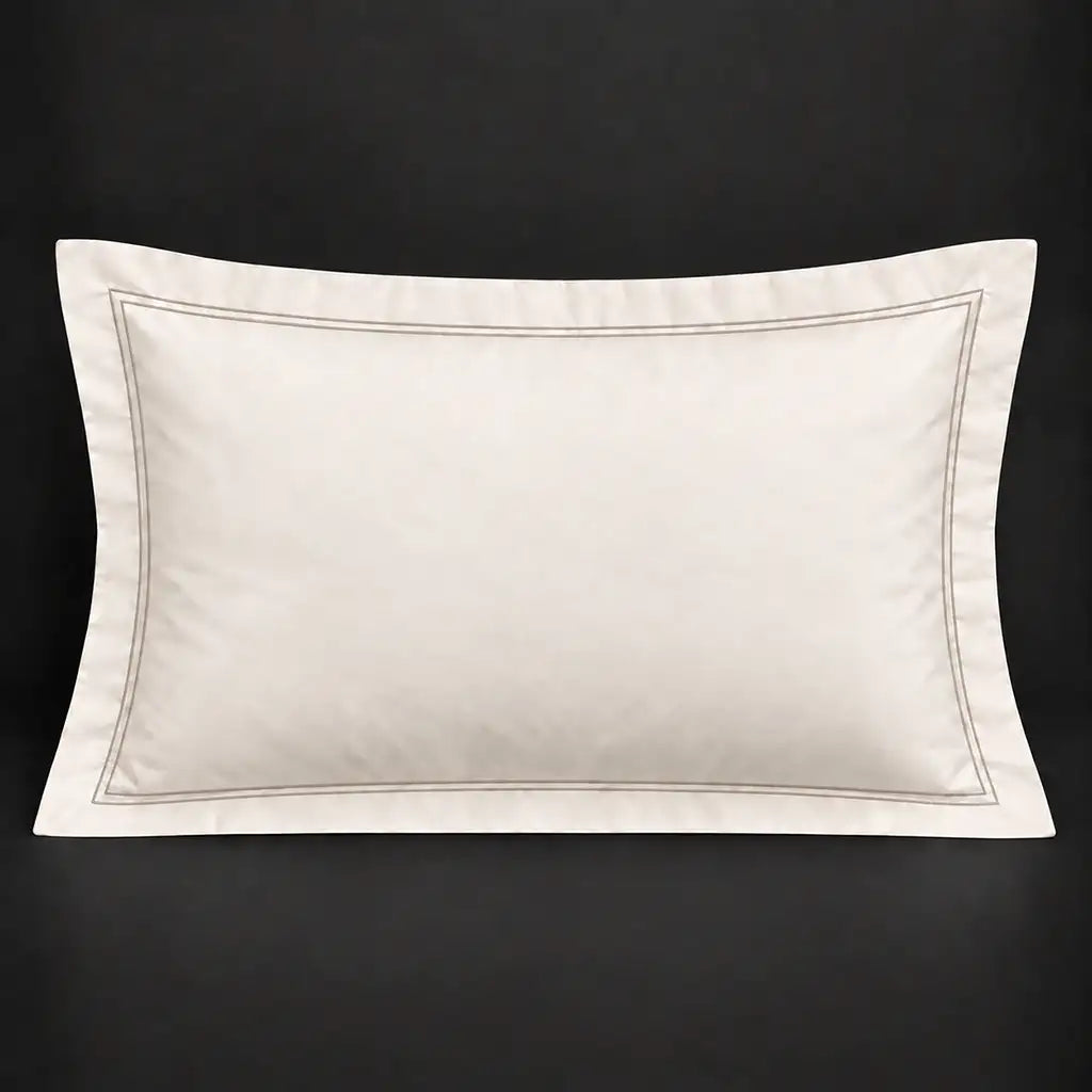Cream Oxford 200TC polycotton percale pillowcase for Standard and King sizes with two row stone satin stitch border by Linen and Co