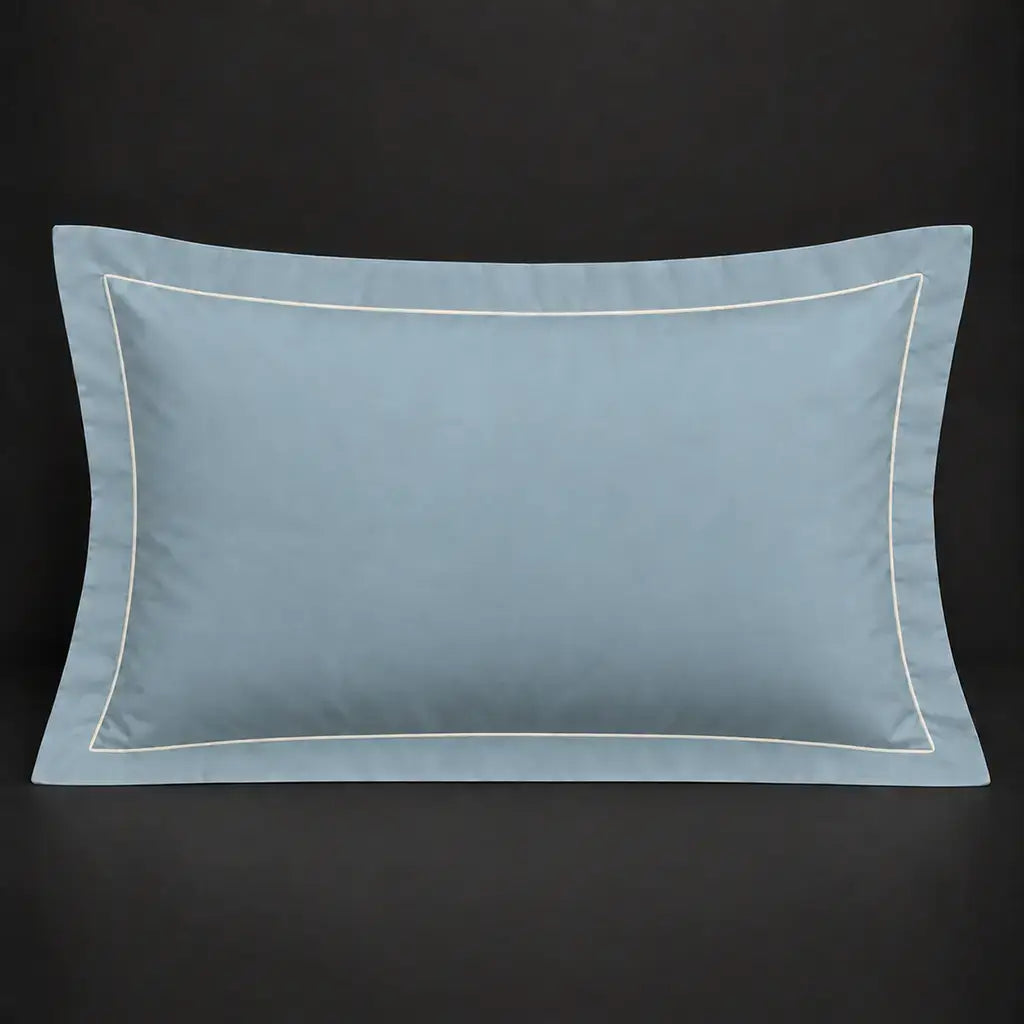 Duck egg Oxford 200TC cotton percale pillowcase for Standard and King sizes with one row cream satin stitch border by Linen and Co