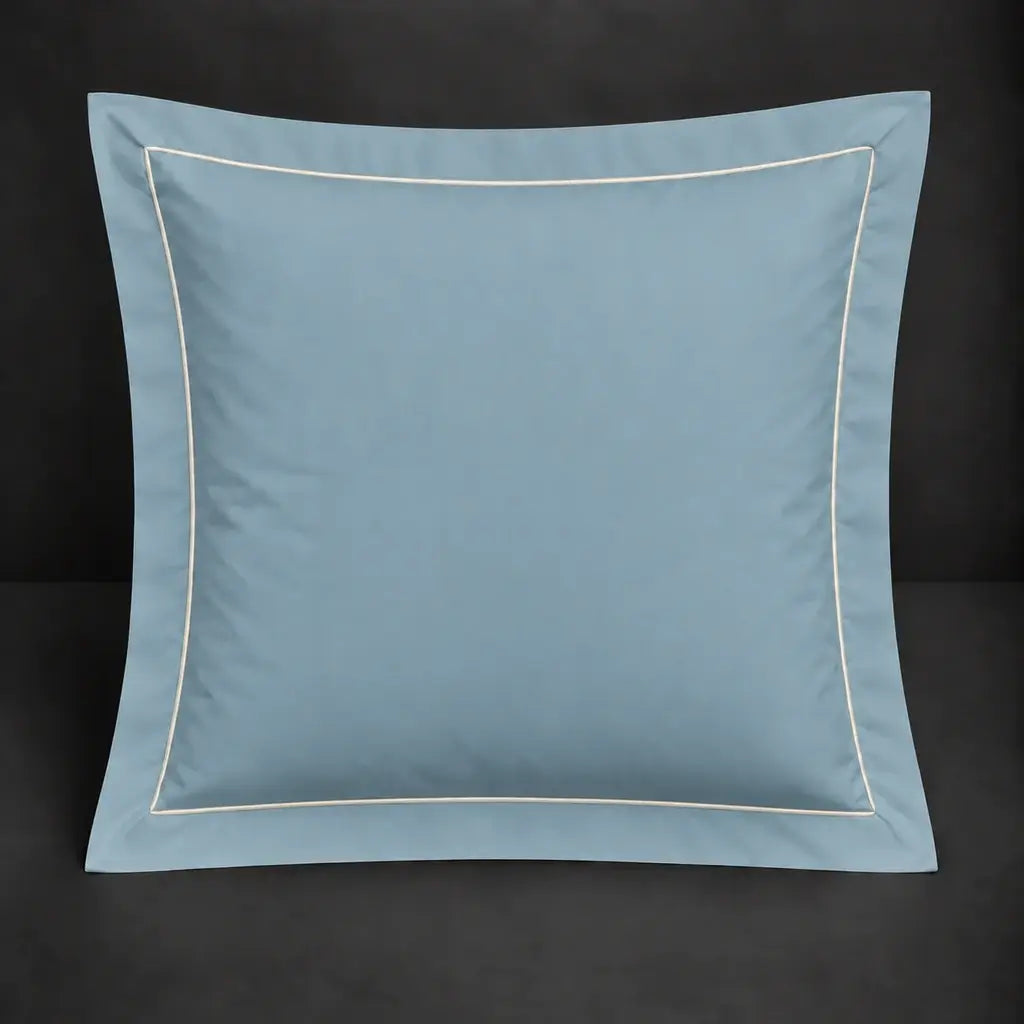 Duck egg Oxford 200TC polycotton percale continental pillowcase with one row cream satin stitch border by Linen and Co