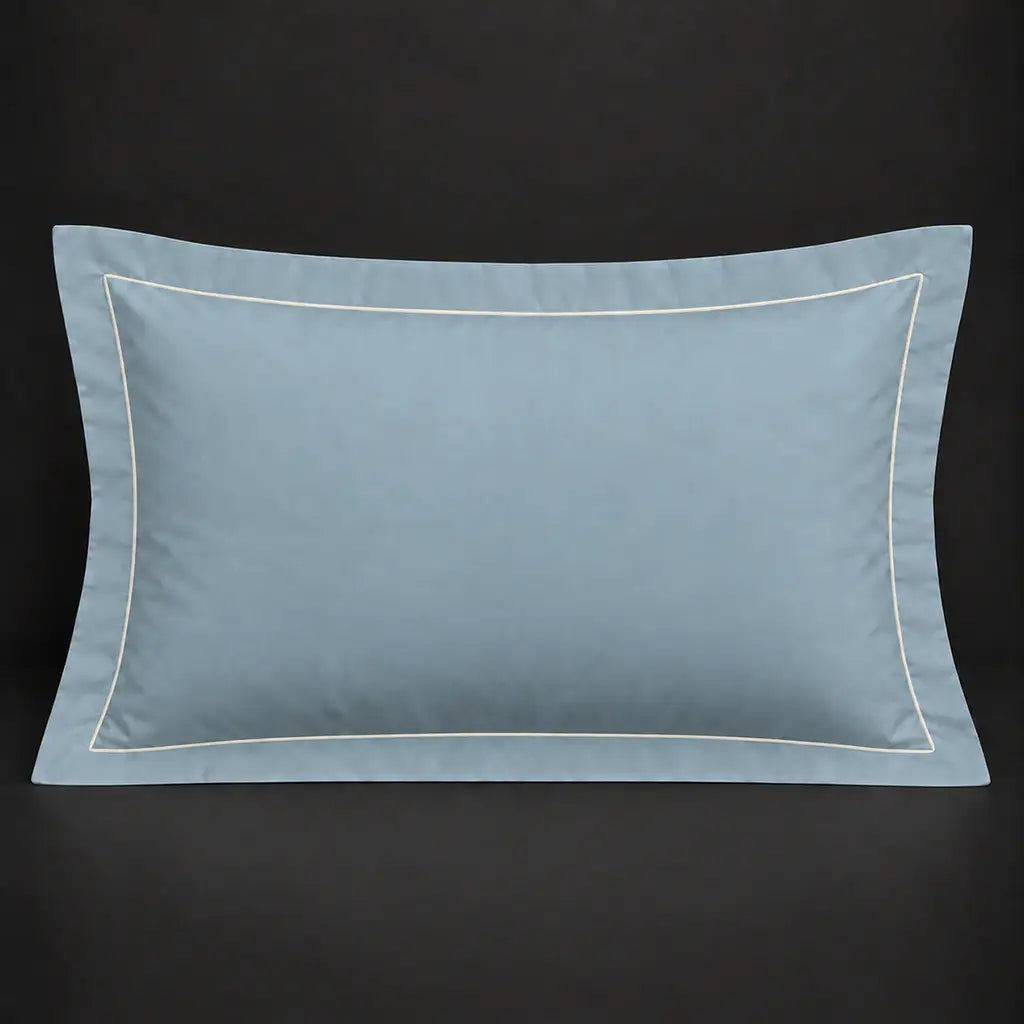 Duck egg Oxford 200TC polycotton percale pillowcase for Standard and King sizes with one row cream satin stitch border by Linen and Co
