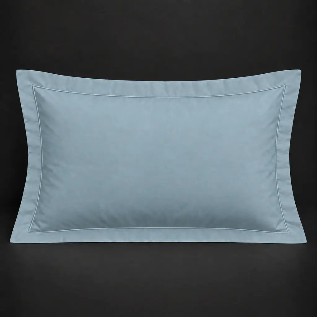 Duck egg Oxford 200TC polycotton percale pillowcase for Standard and King sizes with one row duck egg satin stitch border by Linen and Co