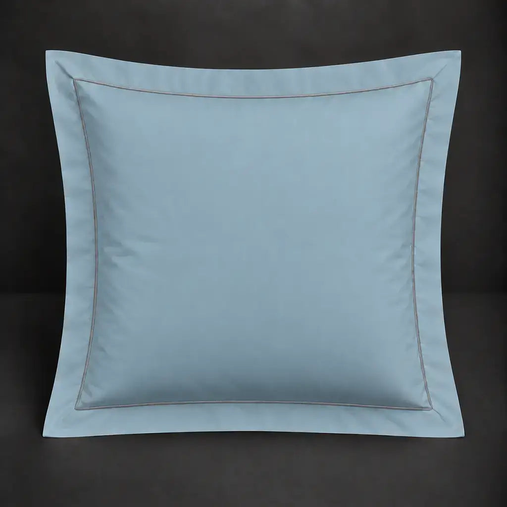 Duck egg Oxford 200TC cotton percale continental pillowcase with one row grey satin stitch border by Linen and Co