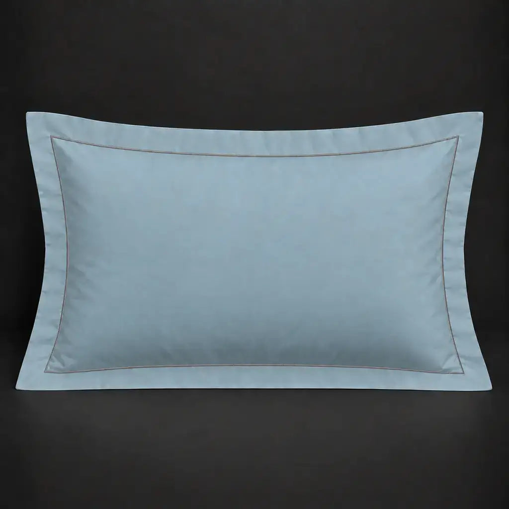 Duck egg Oxford 200TC cotton percale pillowcase for Standard and King sizes with one row grey satin stitch border by Linen and Co