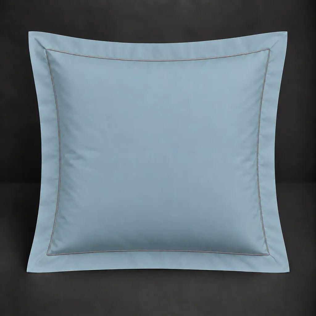 Duck egg Oxford 200TC polycotton percale continental pillowcase with one row grey satin stitch border by Linen and Co