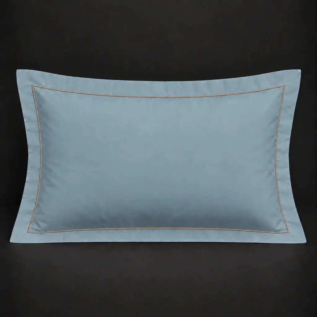 Duck egg Oxford 200TC cotton percale pillowcase for Standard and King sizes with one row stone satin stitch border by Linen and Co