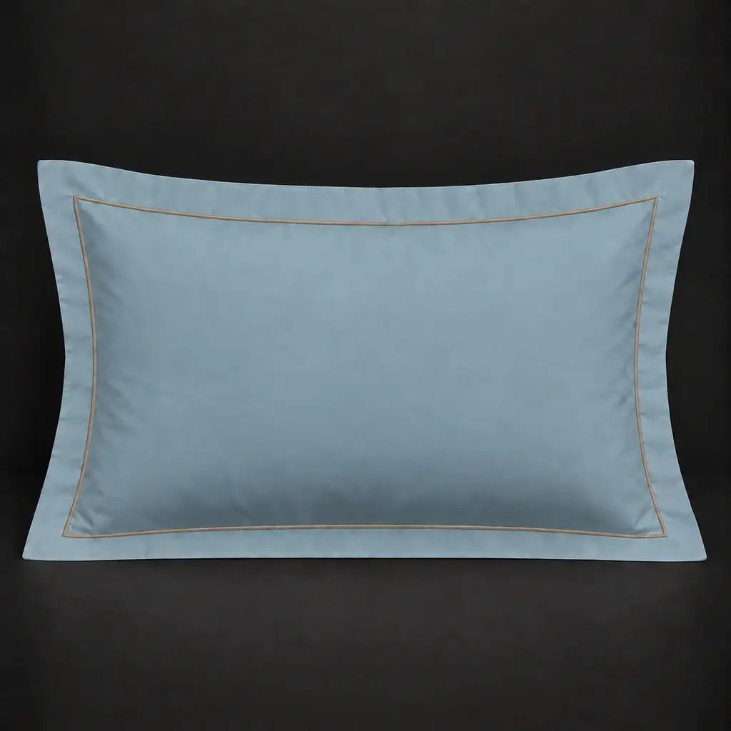 Duck egg Oxford 200TC polycotton percale pillowcase for Standard and King sizes with one row stone satin stitch border by Linen and Co