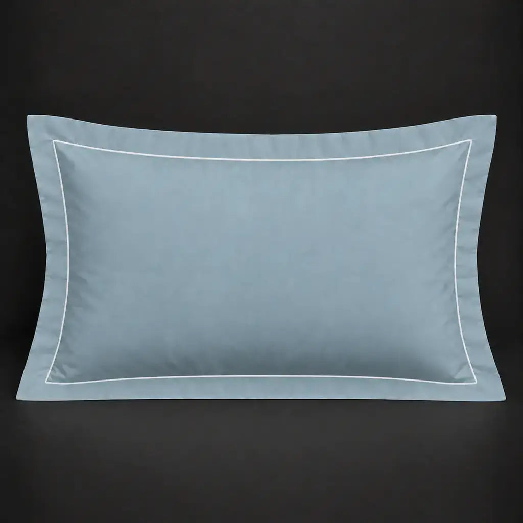 Duck egg Oxford 200TC cotton percale pillowcase for Standard and King sizes with one row white satin stitch border by Linen and Co