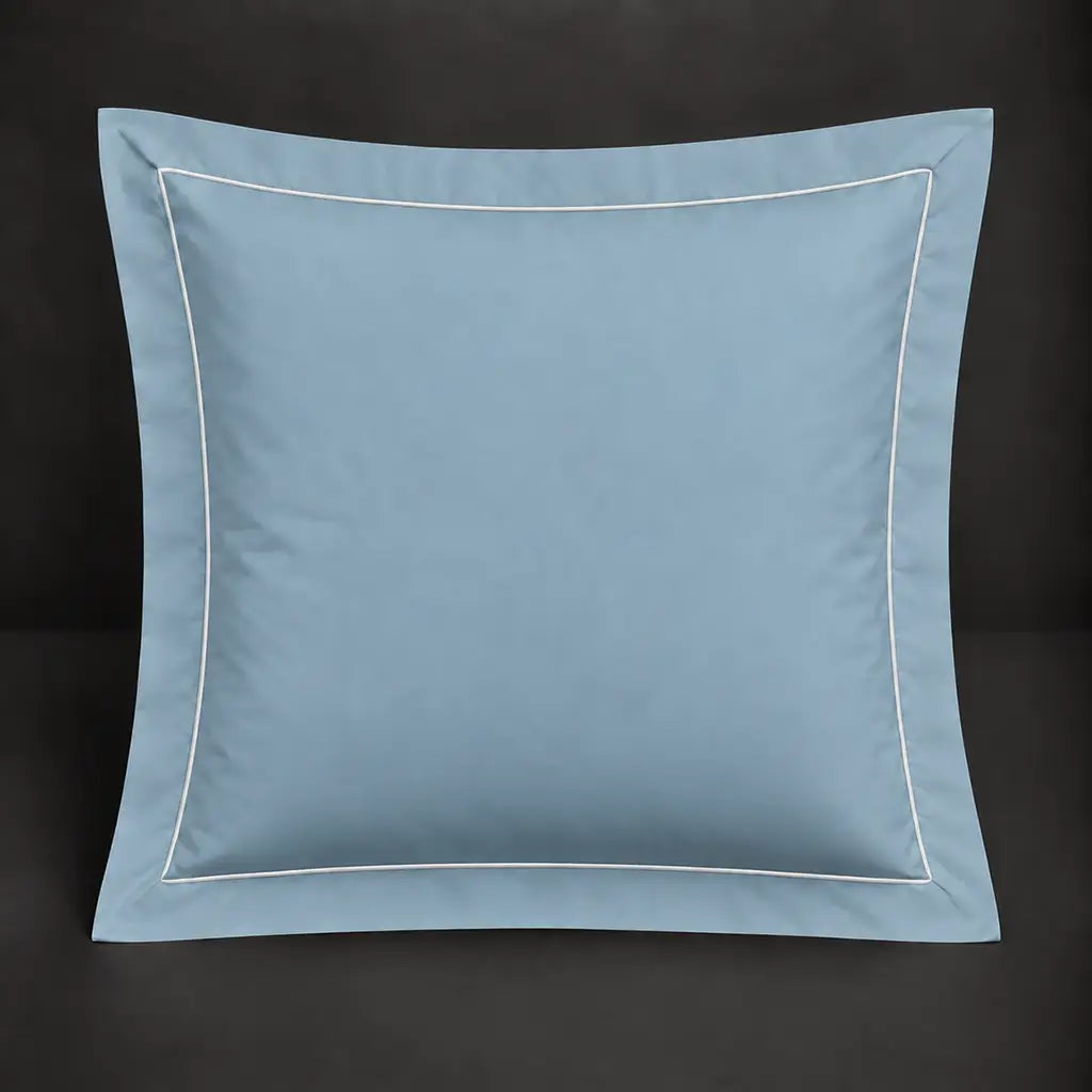 Duck egg Oxford 200TC polycotton percale continental pillowcase with one row white satin stitch border by Linen and Co