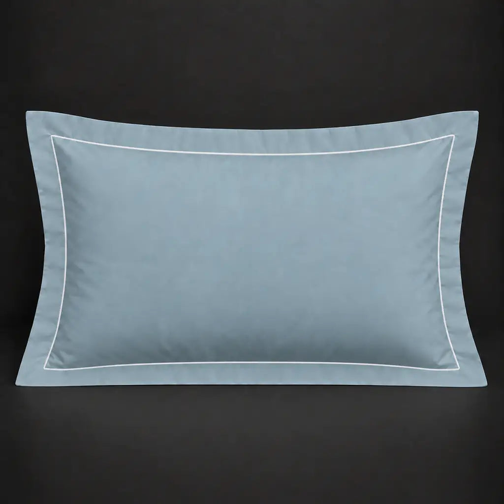 Duck egg Oxford 200TC polycotton percale pillowcase for Standard and King sizes with one row white satin stitch border by Linen and Co