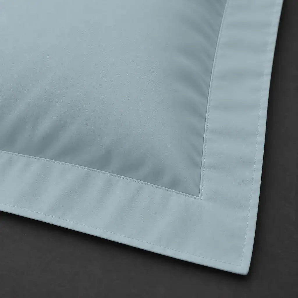 Close-up of duck egg Oxford pillowcase with no satin stitch border by Linen and Co