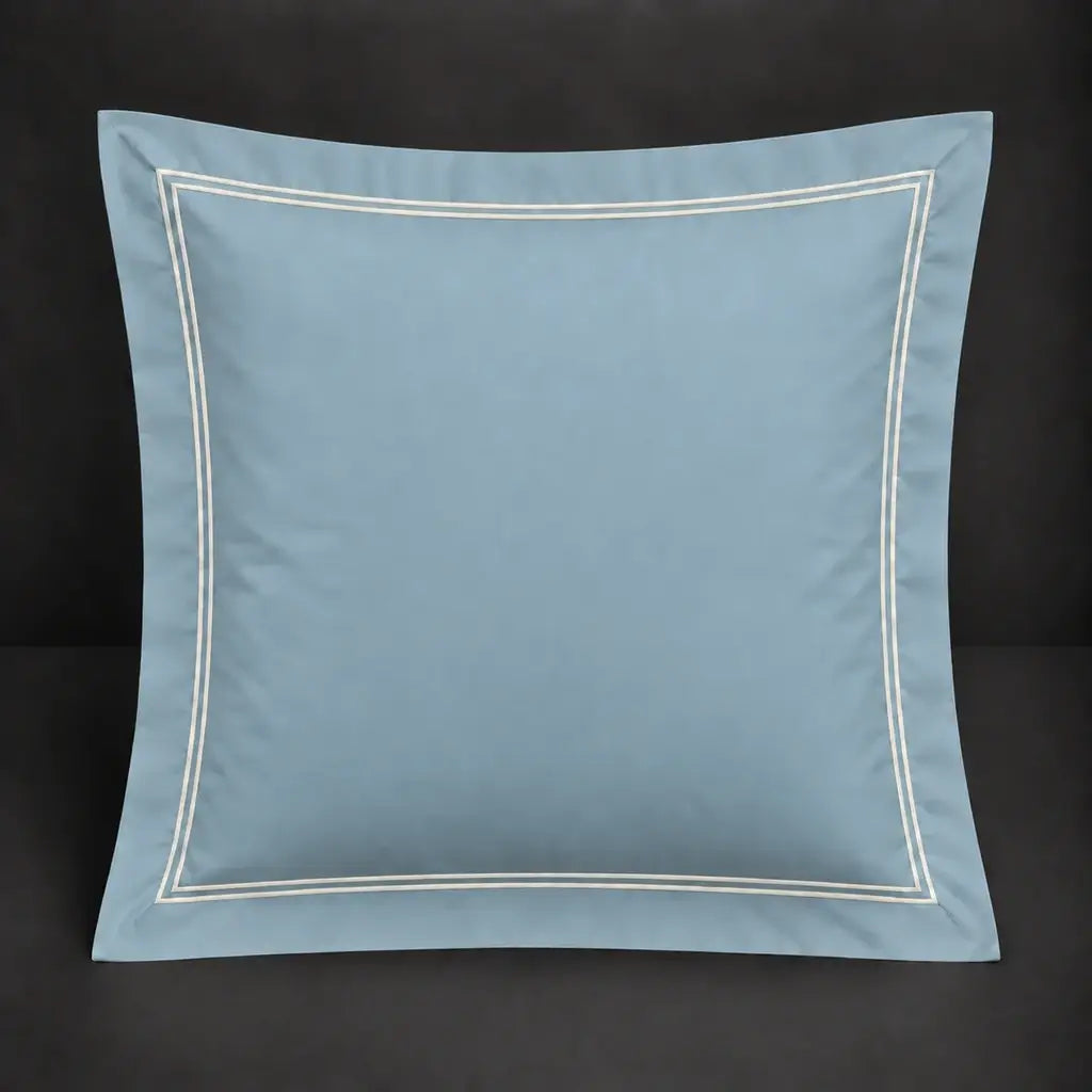 Duck egg Oxford 200TC cotton percale continental pillowcase with two row cream satin stitch border by Linen and Co