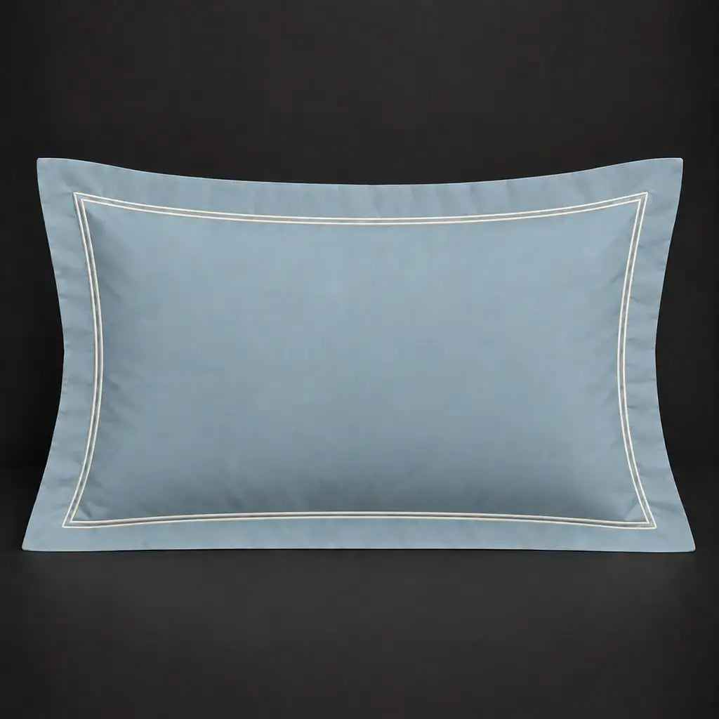 Duck egg Oxford 200TC cotton percale pillowcase for Standard and King sizes with two row cream satin stitch border by Linen and Co