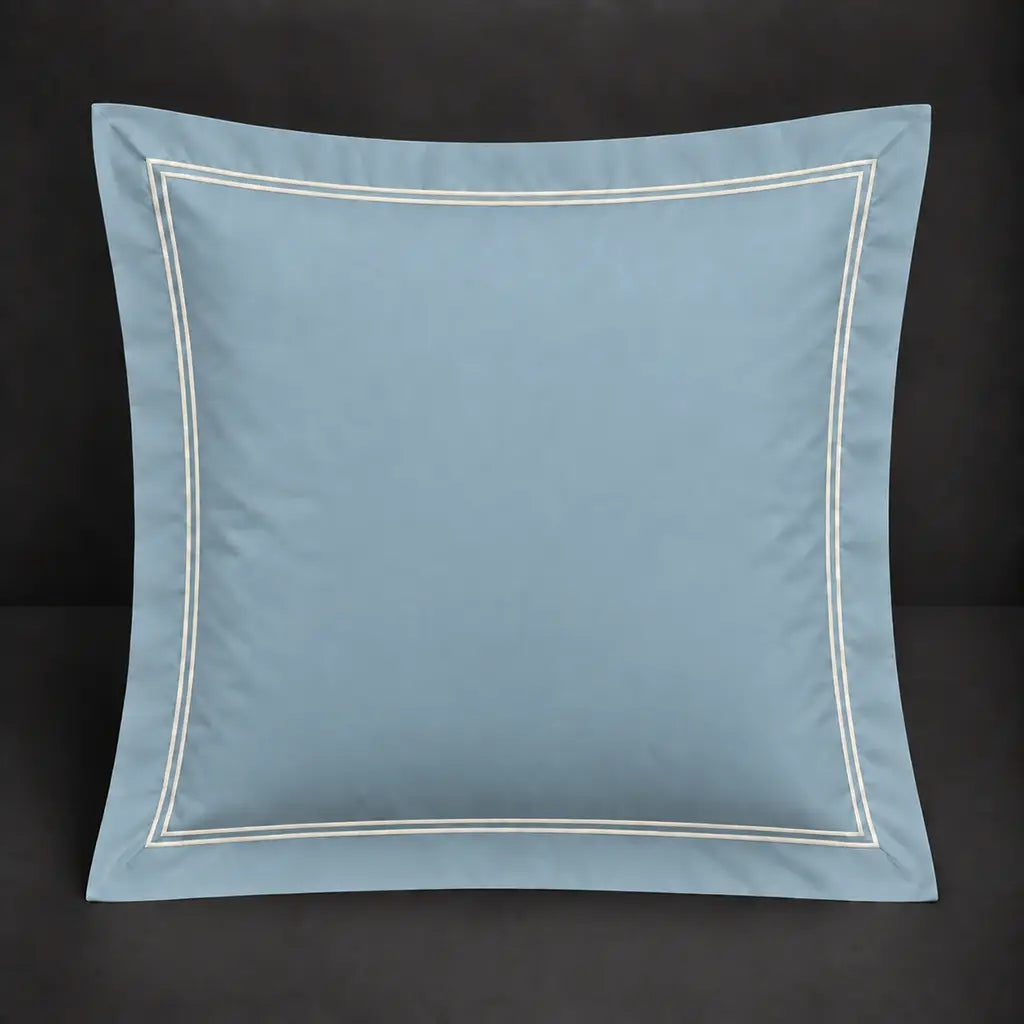 Duck egg Oxford 200TC polycotton percale continental pillowcase with two row cream satin stitch border by Linen and Co
