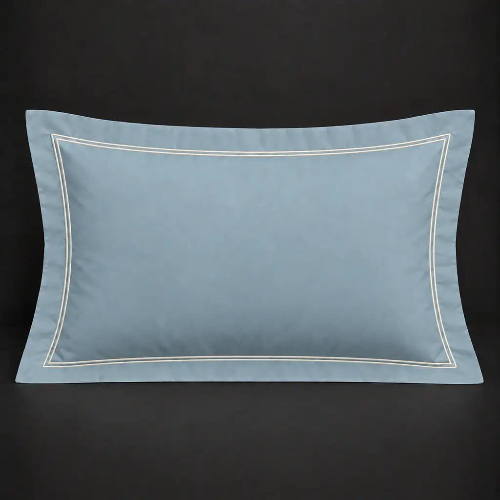 Duck egg Oxford 200TC polycotton percale pillowcase for Standard and King sizes with two row cream satin stitch border by Linen and Co