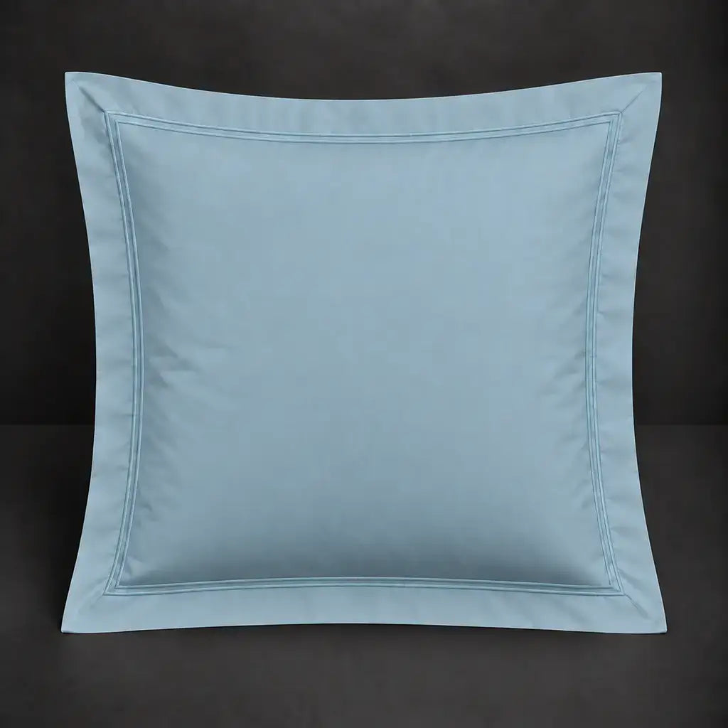 Duck egg Oxford 200TC cotton percale continental pillowcase with two row duck egg satin stitch border by Linen and Co