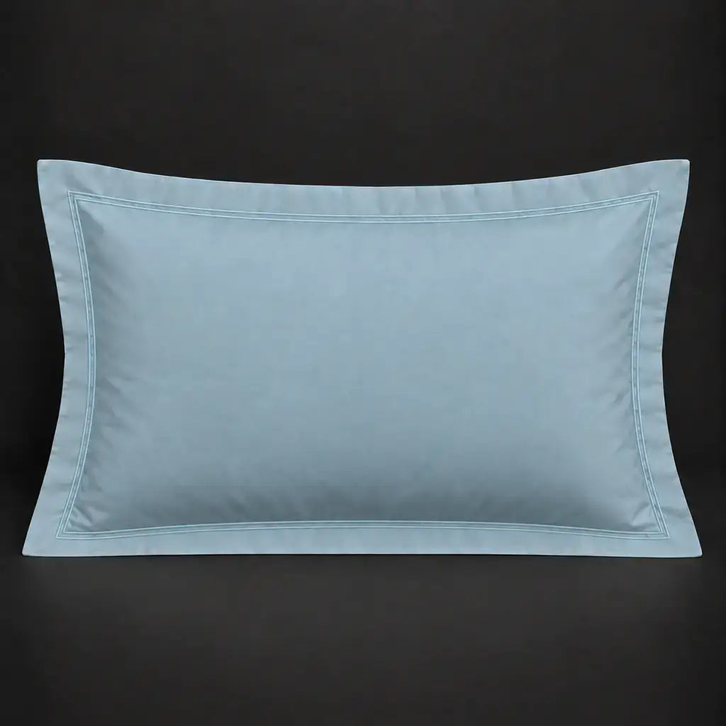 Duck egg Oxford 200TC cotton percale pillowcase for Standard and King sizes with two row duck egg satin stitch border by Linen and Co