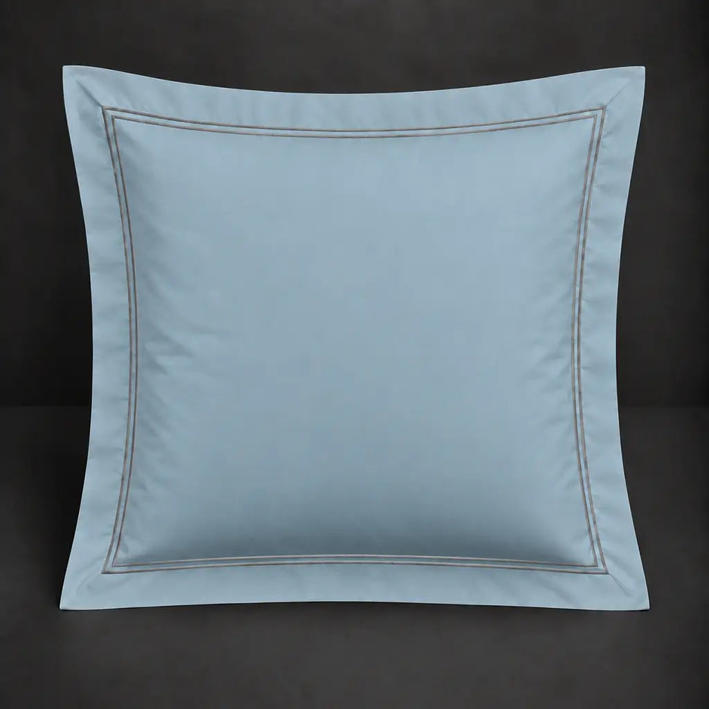 Duck egg Oxford 200TC polycotton percale continental pillowcase with two row grey satin stitch border by Linen and Co