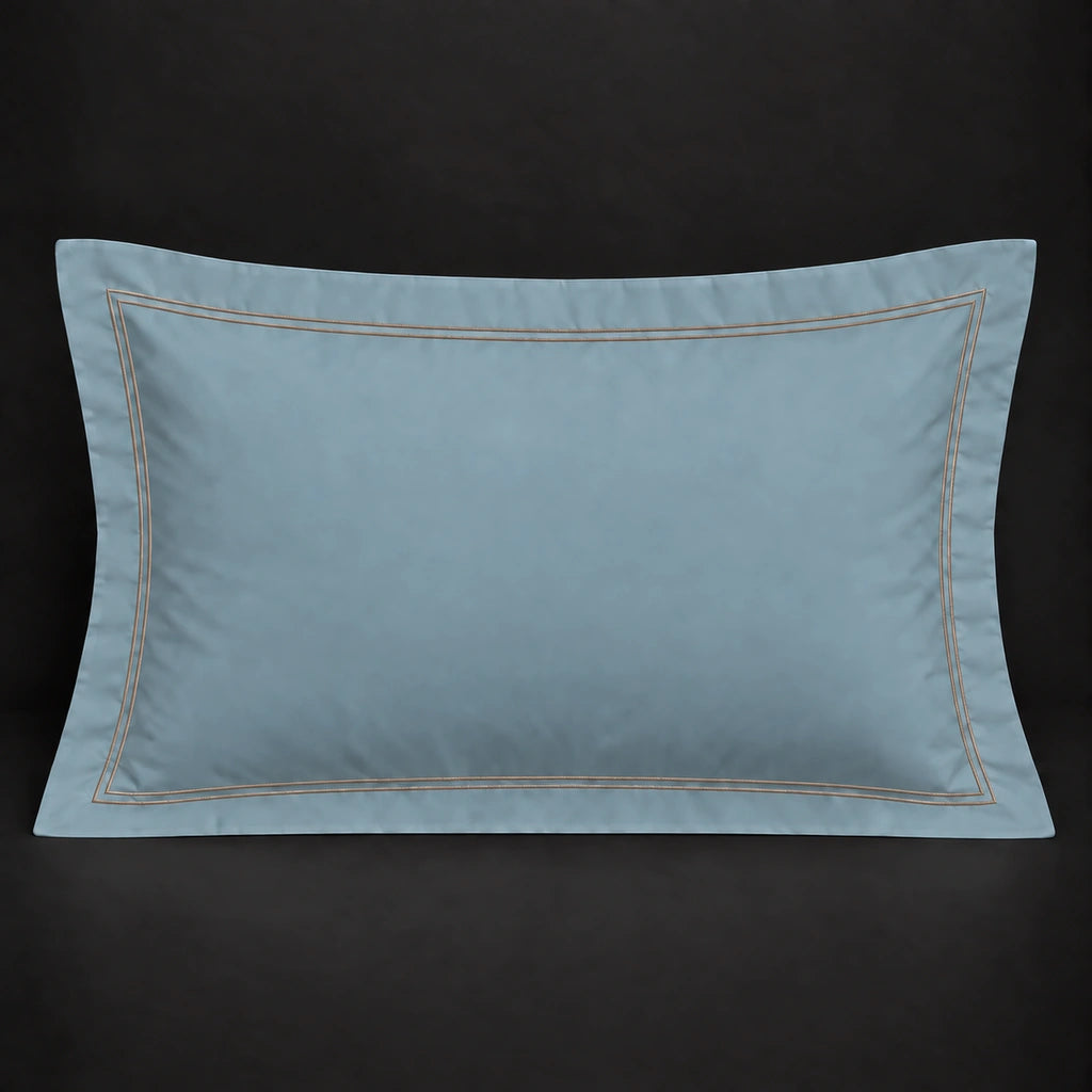 Duck egg Oxford 200TC cotton percale pillowcase for Standard and King sizes with two row stone satin stitch border by Linen and Co