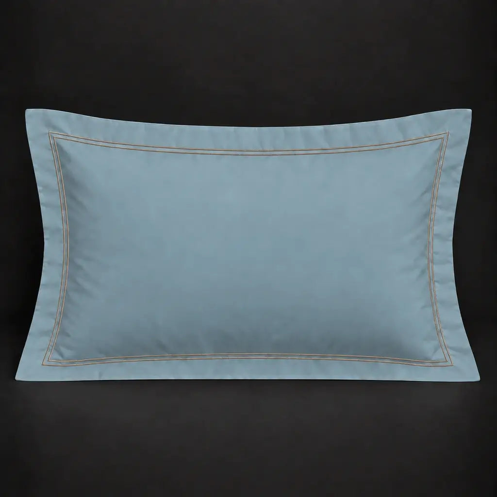 Duck egg Oxford 200TC polycotton percale pillowcase for Standard and King sizes with two row stone satin stitch border by Linen and Co