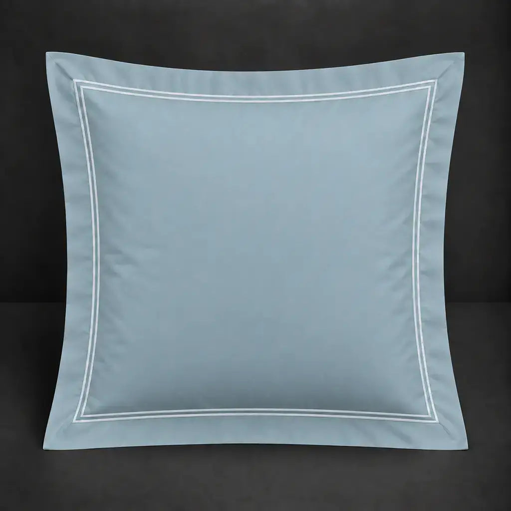 Duck egg Oxford 200TC cotton percale continental pillowcase with two row white satin stitch border by Linen and Co
