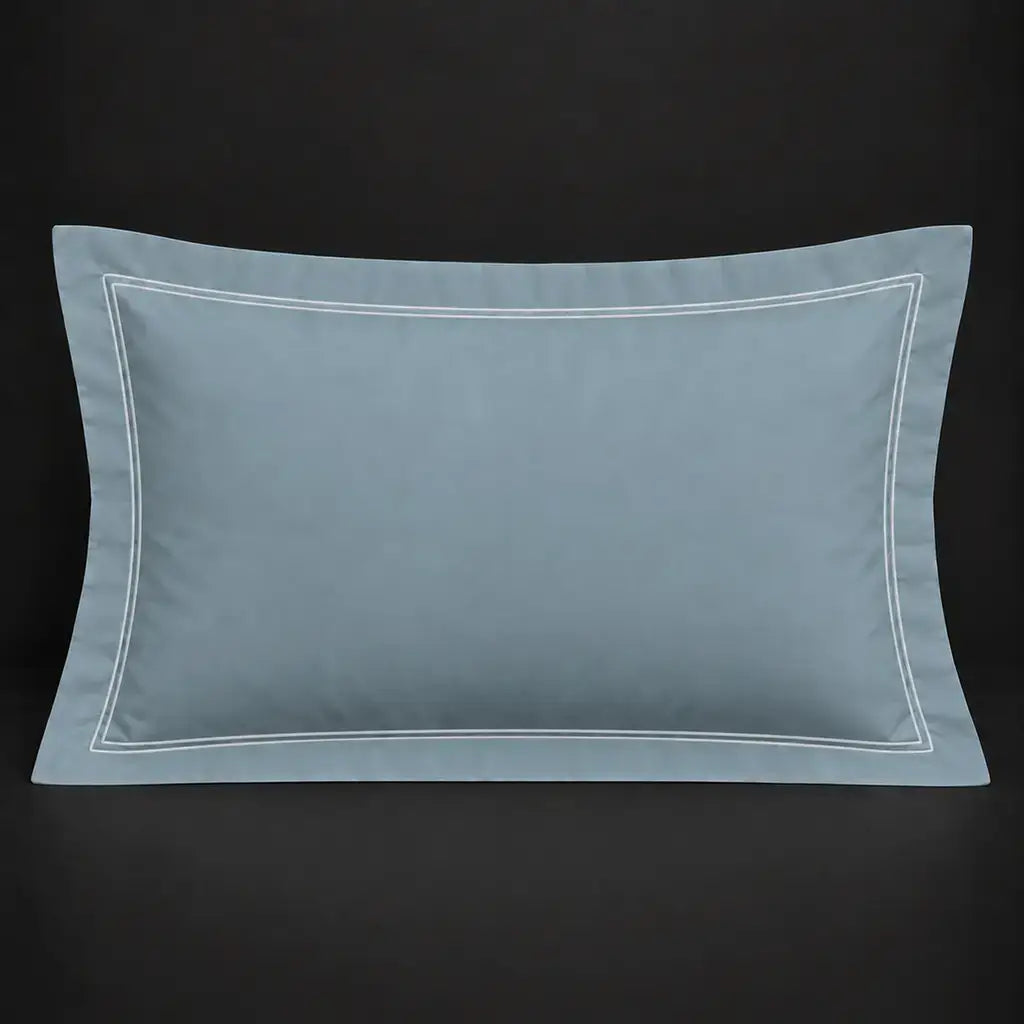 Duck egg Oxford 200TC cotton percale pillowcase for Standard and King sizes with two row white satin stitch border by Linen and Co