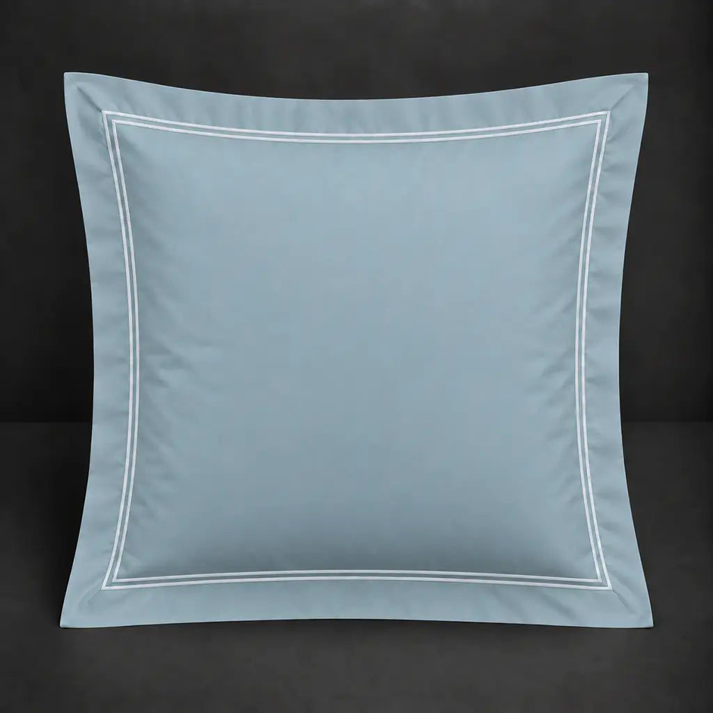 Duck egg Oxford 200TC polycotton percale continental pillowcase with two row white satin stitch border by Linen and Co