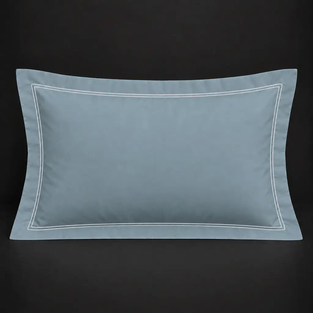 Duck egg Oxford 200TC polycotton percale pillowcase for Standard and King sizes with two row white satin stitch border by Linen and Co