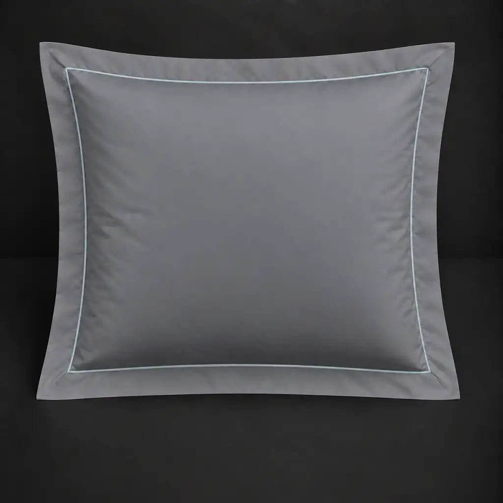 Grey Oxford 200TC polycotton percale continental pillowcase with one row duck egg satin stitch border by Linen and Co