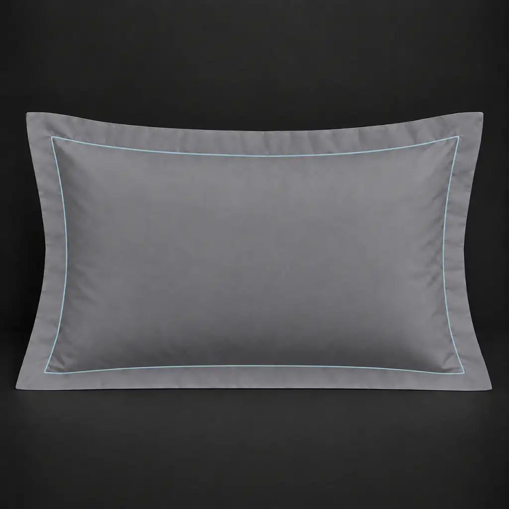 Grey Oxford 200TC polycotton percale pillowcase for Standard and King sizes with one row duck egg satin stitch border by Linen and Co