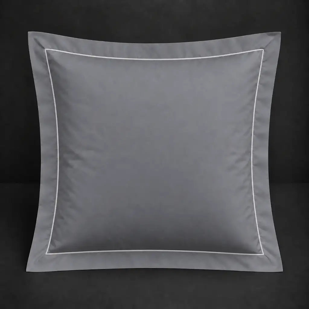 Grey Oxford 200TC polycotton percale continental pillowcase with one row white satin stitch border by Linen and Co