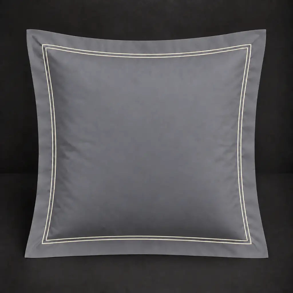 Grey Oxford 200TC polycotton percale continental pillowcase with two row cream satin stitch border by Linen and Co