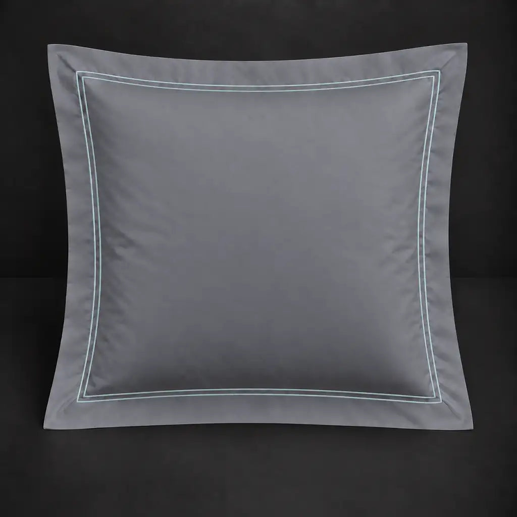 Grey Oxford 200TC cotton percale continental pillowcase with two row duck egg satin stitch border by Linen and Co