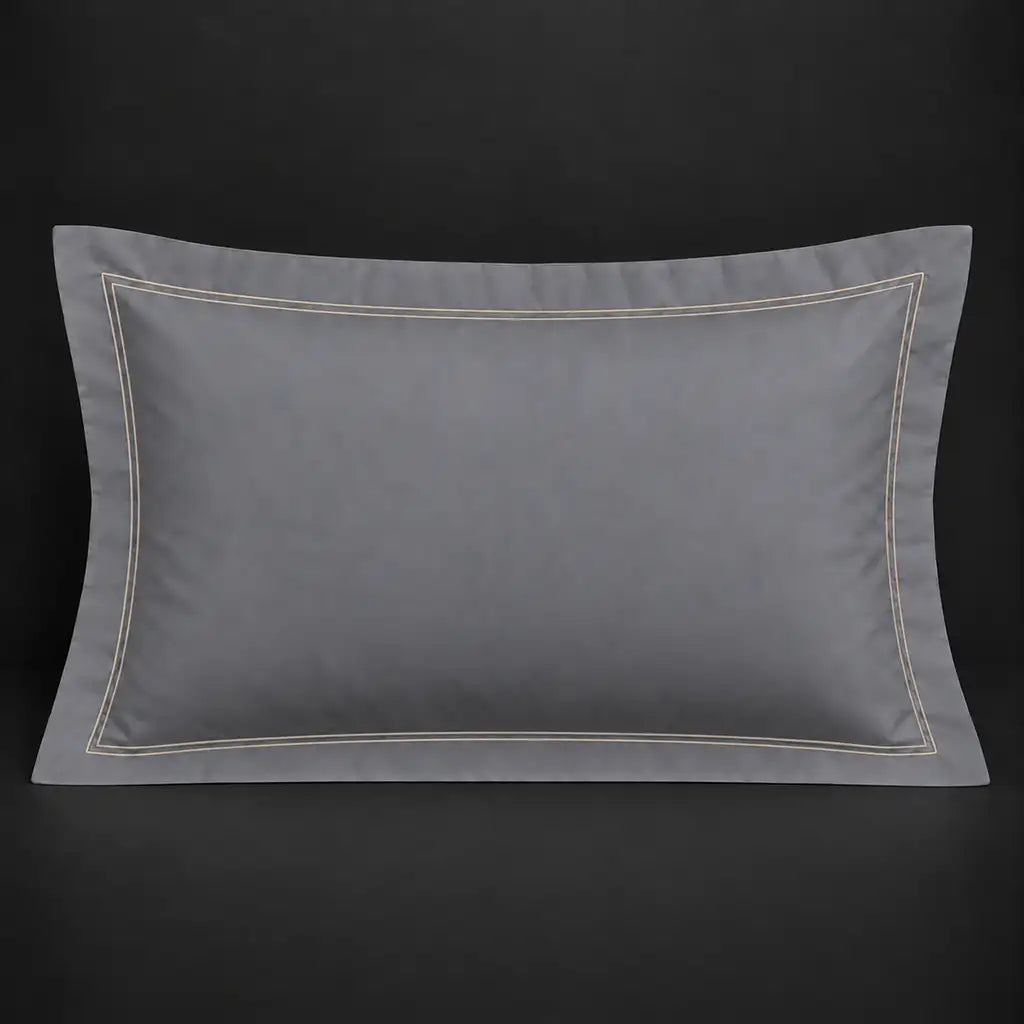 Grey Oxford 200TC polycotton percale pillowcase for Standard and King sizes with two row grey satin stitch border by Linen and Co
