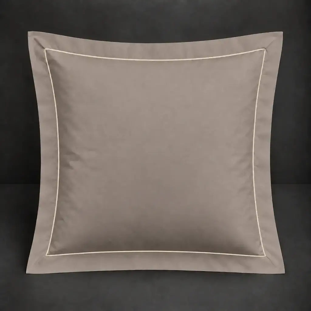 Stone Oxford 200TC cotton percale continental pillowcase with one row cream satin stitch border by Linen and Co