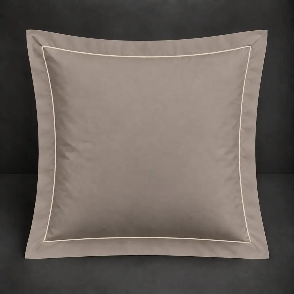 Stone Oxford 200TC polycotton percale continental pillowcase with one row cream satin stitch border by Linen and Co