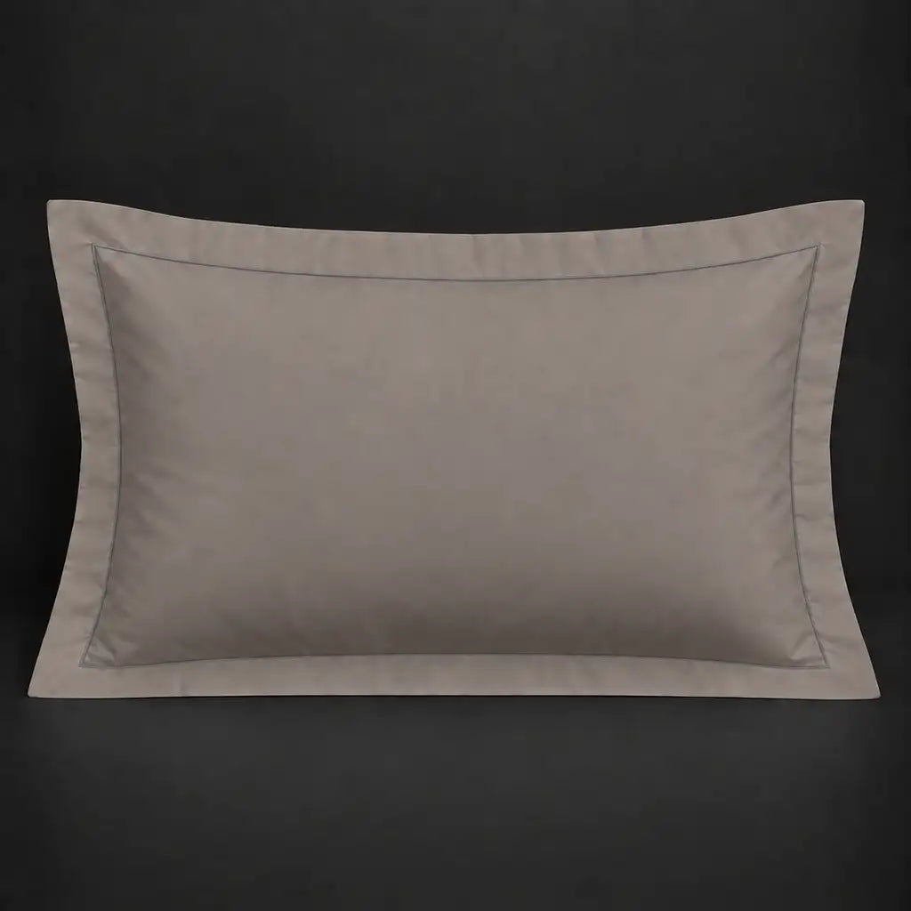 Stone Oxford 200TC cotton percale pillowcase for Standard and King sizes with one row grey satin stitch border by Linen and Co