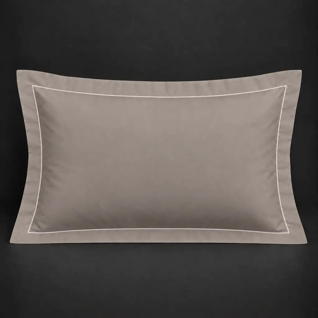 Stone Oxford 200TC polycotton percale pillowcase for Standard and King sizes with one row white satin stitch border by Linen and Co
