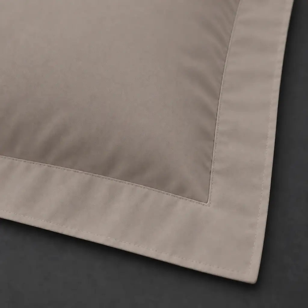 Close-up of stone Oxford pillowcase with no satin stitch border by Linen and Co