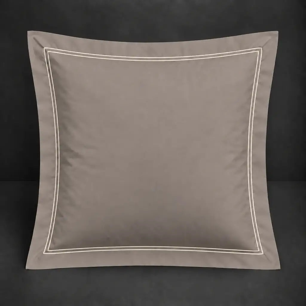 Stone Oxford 200TC cotton percale continental pillowcase with two row cream satin stitch border by Linen and Co