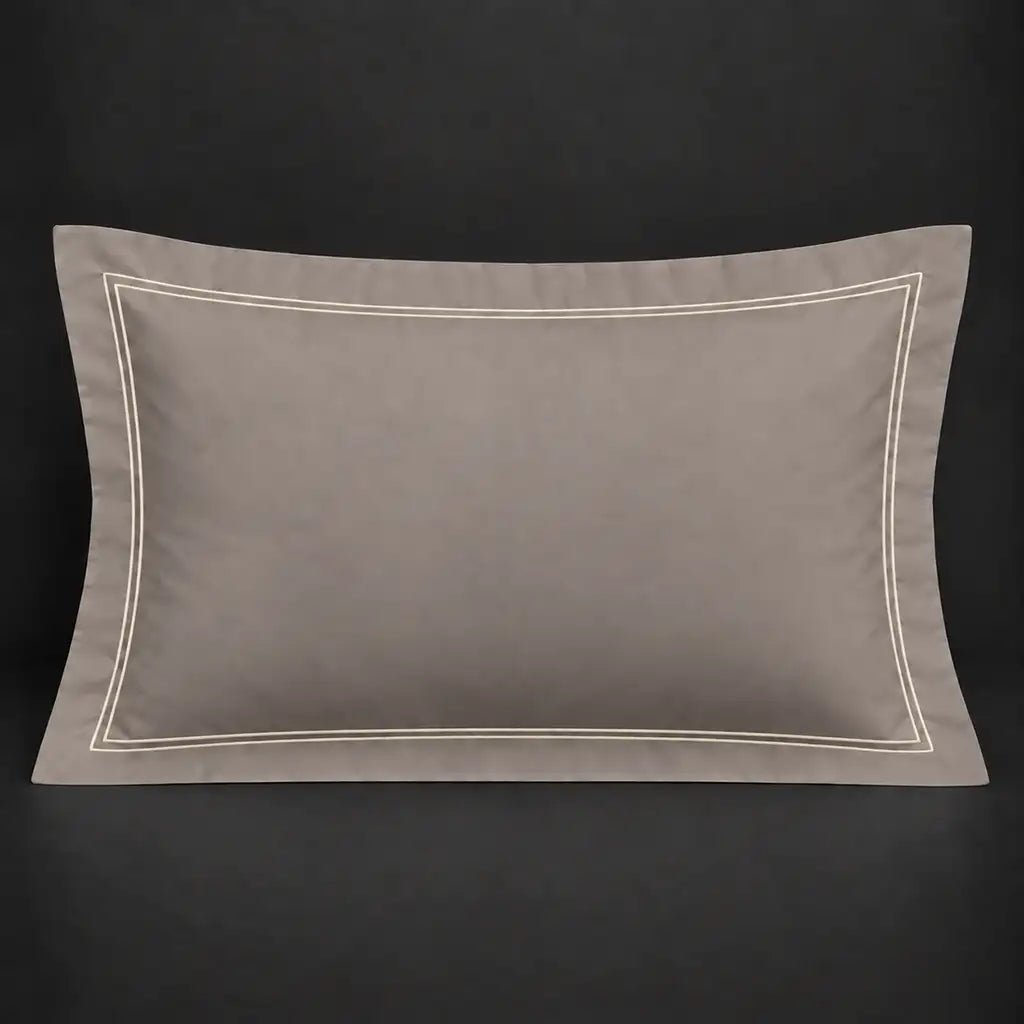 Stone Oxford 200TC polycotton percale pillowcase for Standard and King sizes with two row cream satin stitch border by Linen and Co