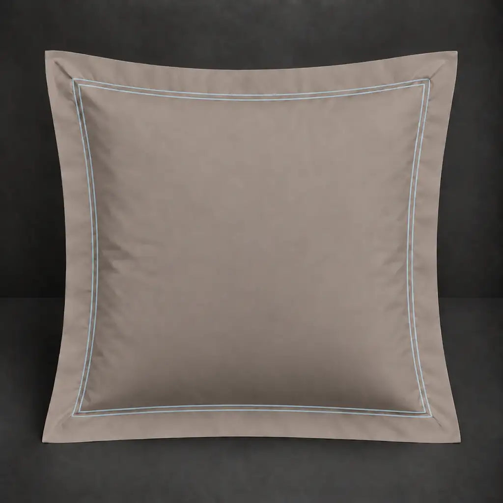 Stone Oxford 200TC cotton percale continental pillowcase with two row duck egg satin stitch border by Linen and Co