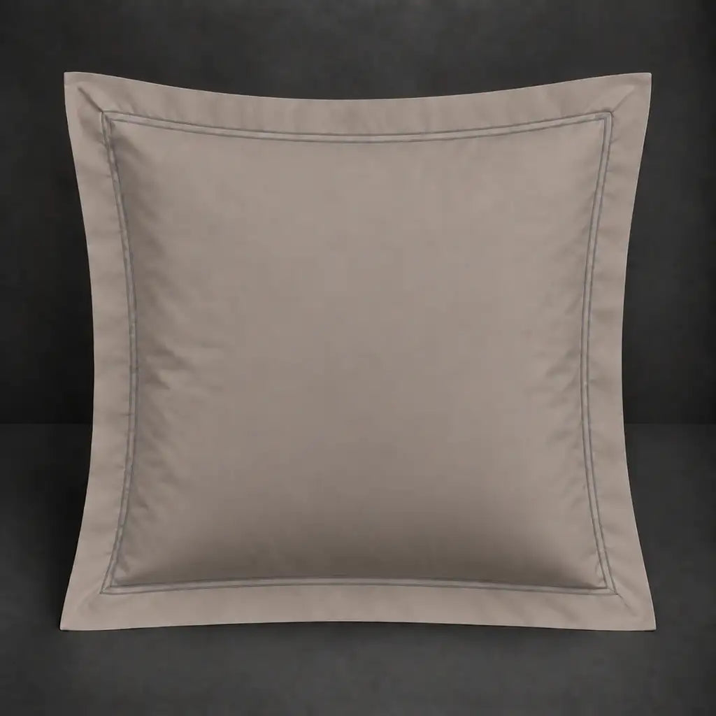 Stone Oxford 200TC cotton percale continental pillowcase with two row grey satin stitch border by Linen and Co