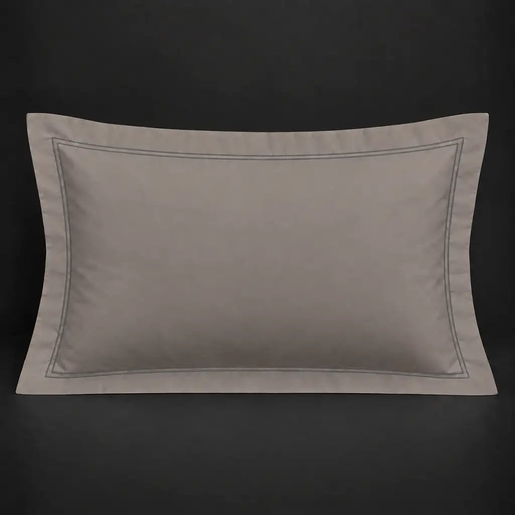 Stone Oxford 200TC cotton percale pillowcase for Standard and King sizes with two row grey satin stitch border by Linen and Co