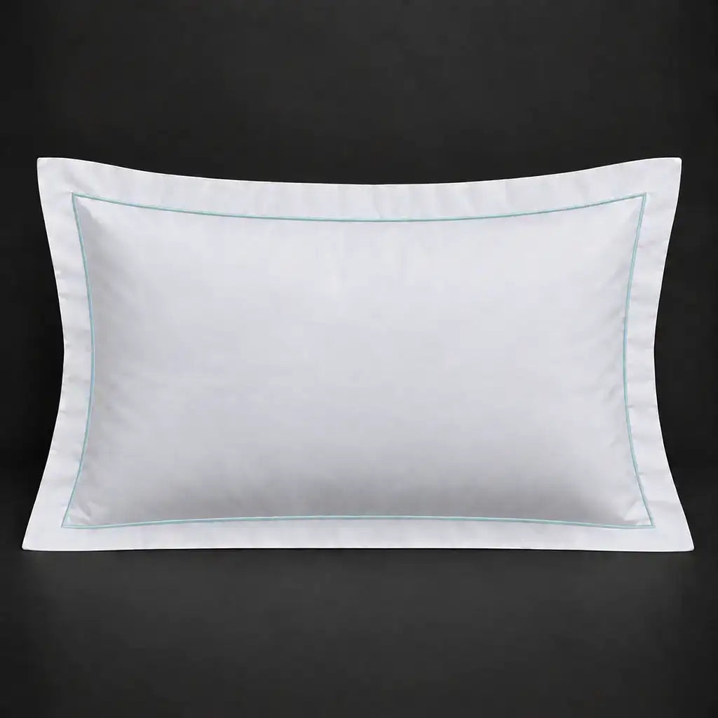 White Oxford 300TC 100% cotton percale pillowcase for Standard and King sizes with one row duck egg satin stitch border by Linen and Co