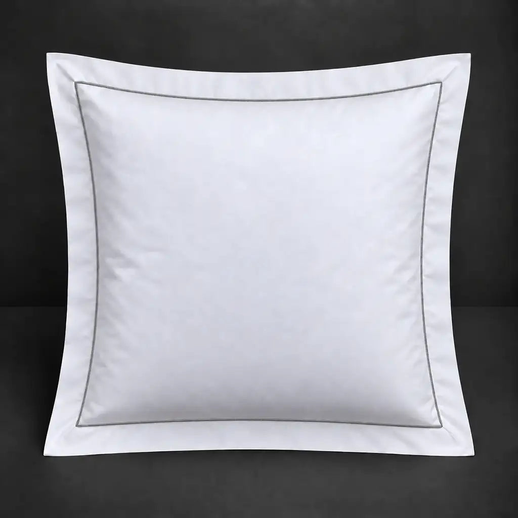 White Oxford 200TC 100% cotton percale continental pillowcase with one row grey satin stitch border by Linen and Co