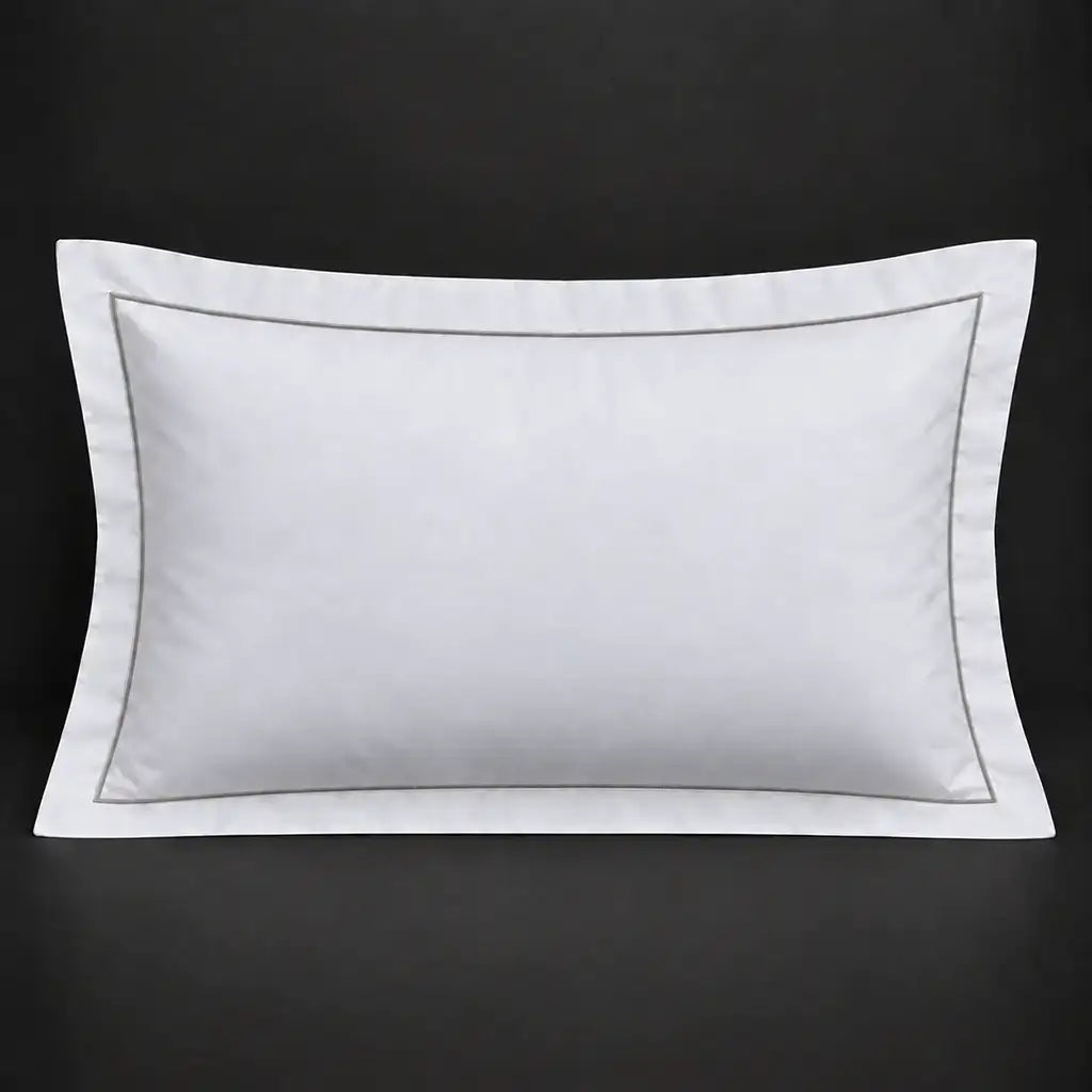 White Oxford 300TC 100% cotton percale pillowcase for Standard and King sizes with one row grey satin stitch border by Linen and Co