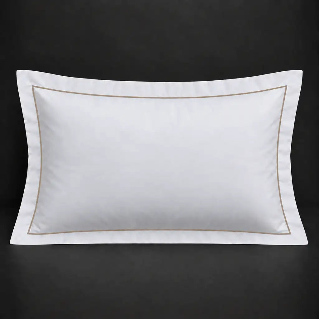 White Oxford 200TC 100% cotton percale pillowcase for Standard and King sizes with one row stone satin stitch border by Linen and Co