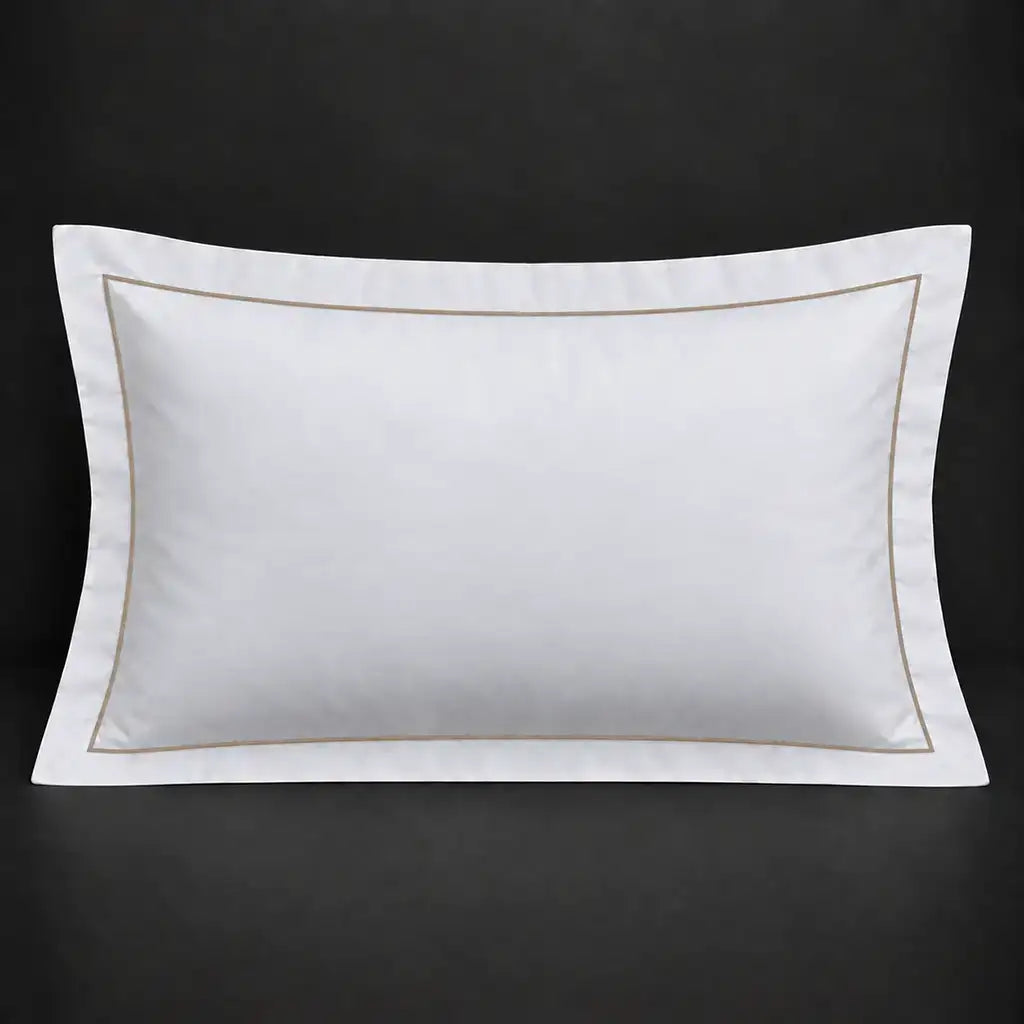 White Oxford 300TC 100% cotton percale pillowcase for Standard and King sizes with one row stone satin stitch border by Linen and Co