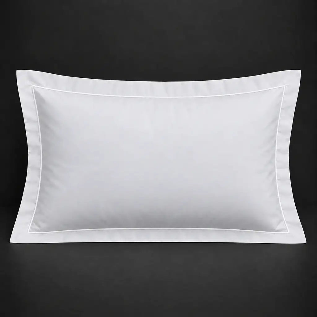 White Oxford 200TC 100% cotton percale pillowcase for Standard and King sizes with one row white satin stitch border by Linen and Co